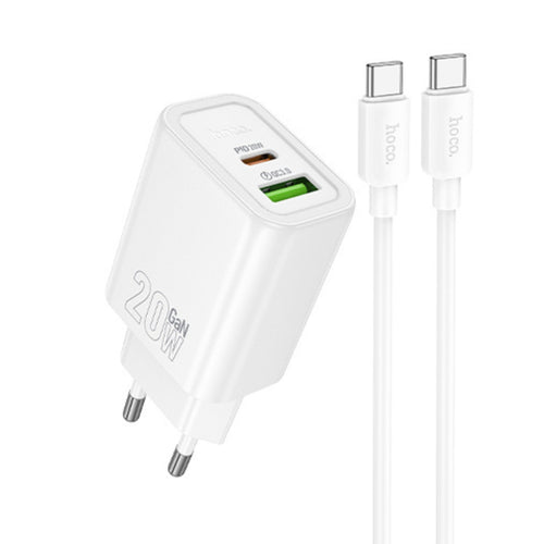 Incarcator Hoco N61 Gentle 20W GaN USB-A + USB-C cu Cablu Type-C la Type-C inclus, Alb