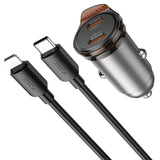 Incarcator auto HOCO NZ16B, 45W, 2 x USB-C, cu cablu Type-C - Lightning, Gri metalizat