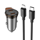 Incarcator auto HOCO NZ16B, 45W, 2 x USB-C, cu cablu Type-C - Lightning, Gri metalizat
