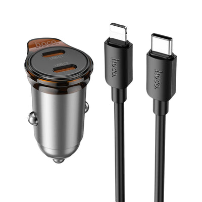 Incarcator auto HOCO NZ16B, 45W, 2 x USB-C, cu cablu Type-C - Lightning, Gri metalizat