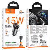 Incarcator auto HOCO NZ16B, 45W, 2 x USB-C, cu cablu Type-C - Lightning, Gri metalizat