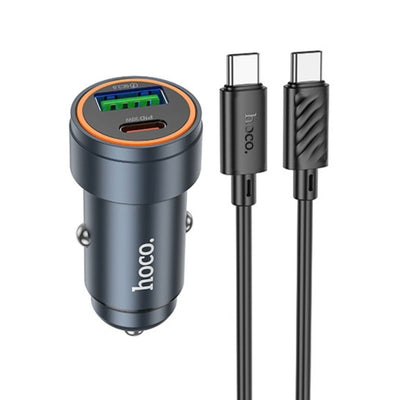Incarcator auto Hoco Z57A 30W, USB-A + USB-C cu cablu Type-C, Gri metalic
