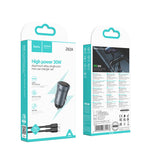 Incarcator auto HOCO Z62A, 12V, 30W, USB-C + Cablu Type-C la Type-C inclus, Gri metal