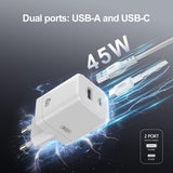 Incarcator retea XO CE36 GaN 45W, USB-A + USB-C, cablu Type-C la Type-C inclus, Alb