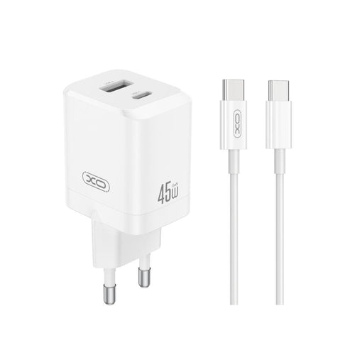 Incarcator retea XO CE36 GaN 45W, USB-A + USB-C, cablu Type-C la Type-C inclus, Alb