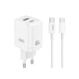 Incarcator retea XO CE36 GaN 45W, USB-A + USB-C, cablu Type-C la Type-C inclus, Alb