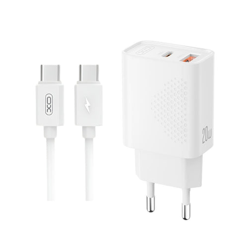 Incarcator XO 220V 20W, USB-C + USB-A cu cablu Type-C - Type-C, Alb