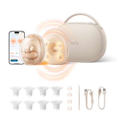 Pompă de sân portabilă eufy S2 Pro, tehnologie HeatFlow 2.0, carcasă de încărcare wireless, Bej