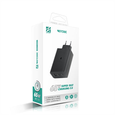 Incarcator Nordic NRDi-6530 220V 65W, USB-A + 2x USB-C, Negru