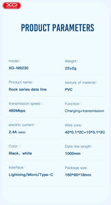 Cablu de date XO Lightning la USB-A, 1.0 m