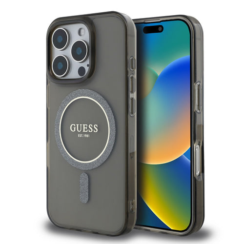 Husa cu inel Guess compatibila cu iPhone 16 Pro Max, MagSafe/Magnetic, policarbonat, Negru