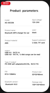 Transmitator FM Auto XO Bcc09 25W Bluetooth 5 0 USB-A USB-C Lumina Ambientala