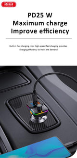 Transmitator FM Auto XO Bcc09 25W Bluetooth 5 0 USB-A USB-C Lumina Ambientala