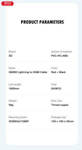 Cablu de date XO Lightning la HDMI, 1.8 m