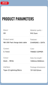 Cablu de date XO Lightning la USB-A, 1.0 m