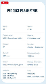 Cablu de date XO Lightning la USB-A, 1.0 m
